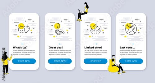 Set of People icons, such as Safe energy, Disability, Smile icons. UI phone app screens with people. Dont touch line symbols. Thunderbolt, Disabled person, Social media like. Clean hand. Vector