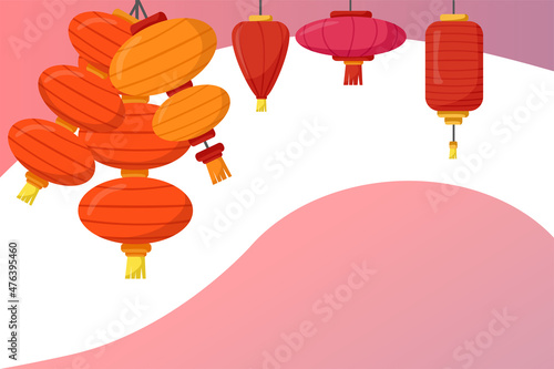 Poster with fanarics and place for text. Chinese New Year concept. Vector cartoon illustration.