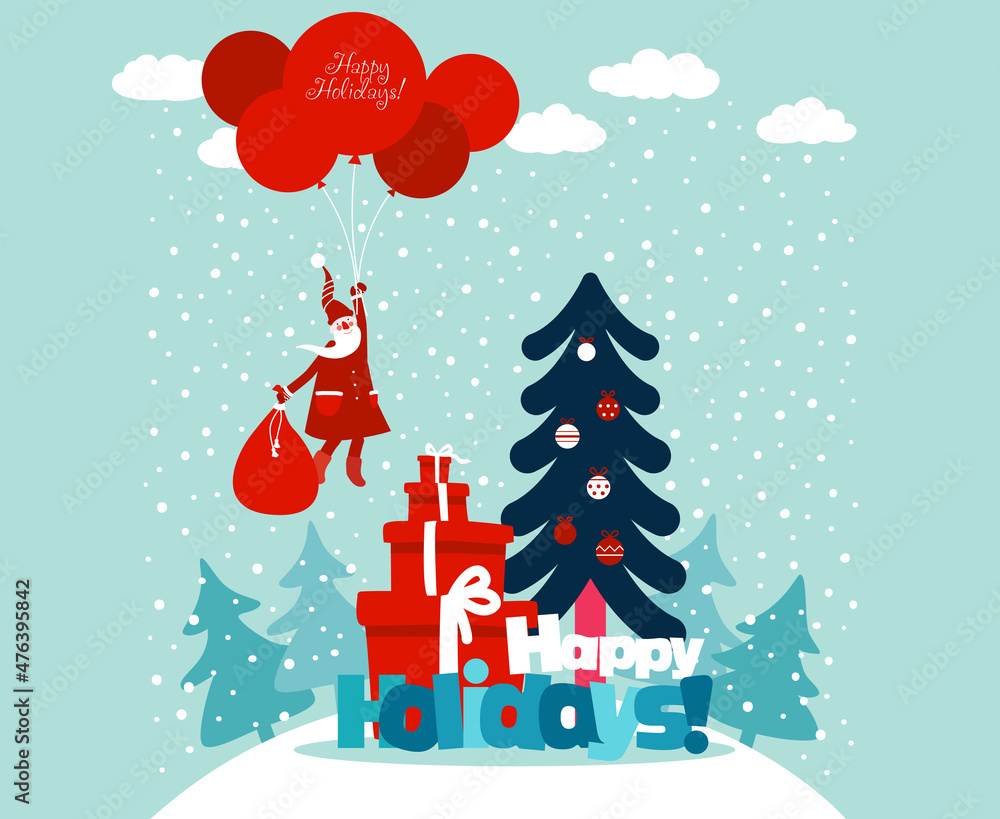 Funny Santa Claus flying with balloons. Christmas and Happy Holidays vector card
