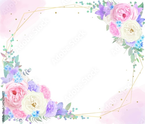 美しい白とピンクのバラとブルースターと紫色の花の招待状水彩画風ロマンチックベクターゴールドフレーム
