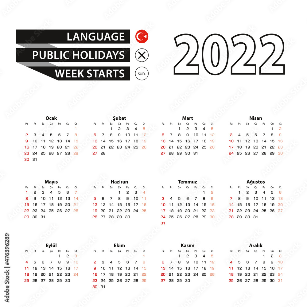 2022 calendar in Turkish language, week starts from Sunday.
