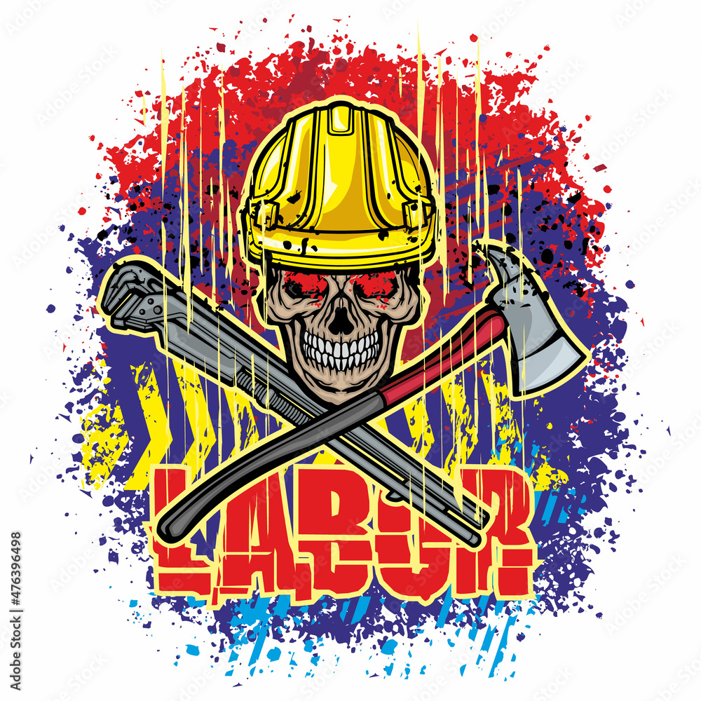 Obraz premium skull in construction safety helmets and tools, grunge vintage design t shirts
