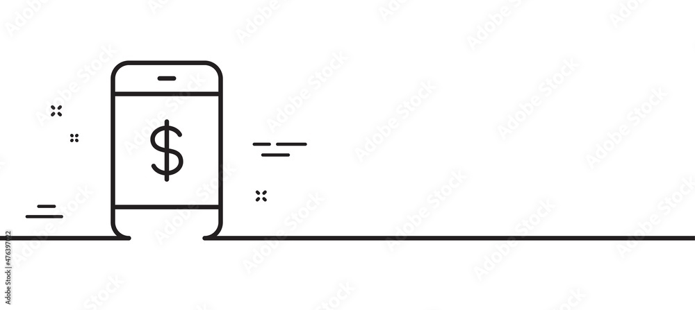 Mobile Shopping line icon. Smartphone Online buying sign. Dollar symbol. Minimal line illustration background. Smartphone payment line icon pattern banner. White web template concept. Vector Mobile Shopping line icon. Smartphone Online buying sign. Dollar symbol. Minimal line illustration background. Smartphone payment line icon pattern banner. White web template concept. Vector