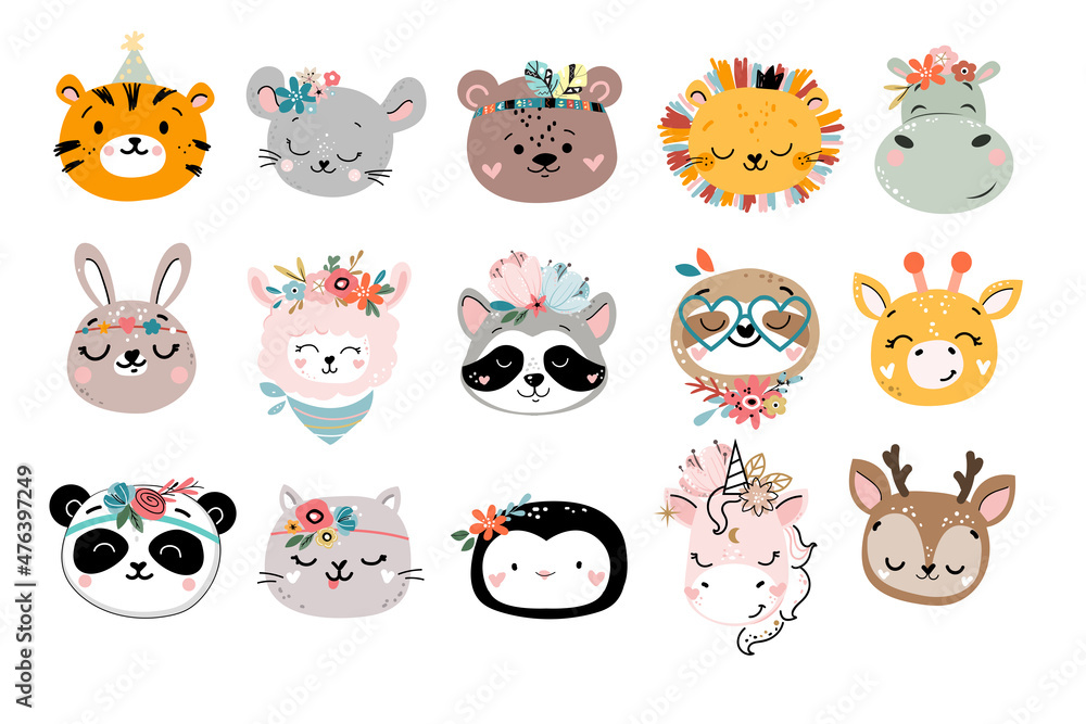 Cute animal heads with floral decorations. Vector illustration for nursery design, birthday greeting cards and poster. Tiger, unicorn, lion, mouse, llama, deer, panda, cat