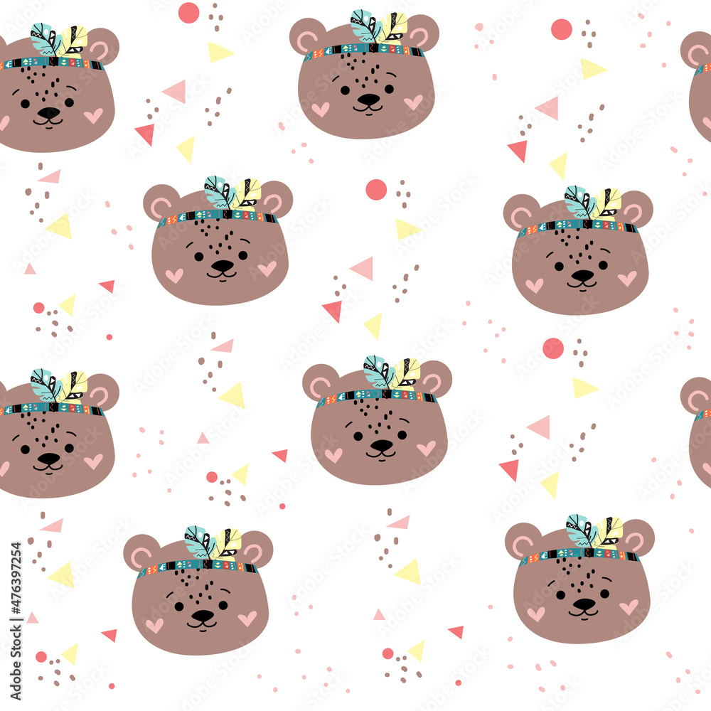 Cute bear head seamless pattern. Vector cartoon illustration. Boho style for nursery, t-shirt design, greeting card Cute bear head seamless pattern. Vector cartoon illustration. Boho style for nursery, t-shirt design, greeting card
