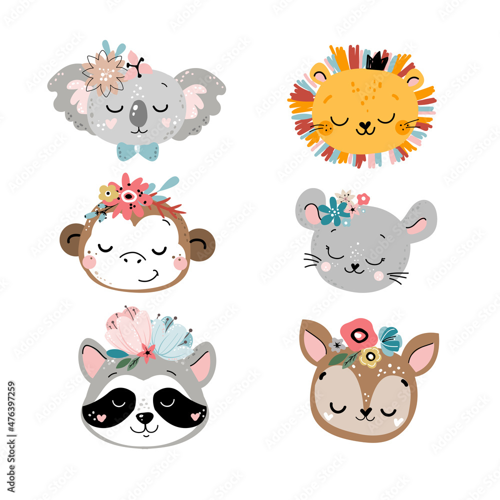 Cute set of animal heads in boho style. T-shirt design, nursery decoration, greeting card, poster. Vector illustration. Koala, lion, monkey, panda, mouse