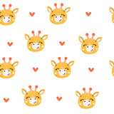 Cute giraffe head seamless pattern in boho style. Vector cartoon illustration. Nursery, greeting card, poster, baby shower