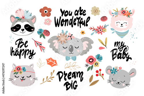 Cute animal heads in boho style. Vector cartoon illustration of koala, mouse, cat, llama. Nursery decoration, posters, t-shirt design