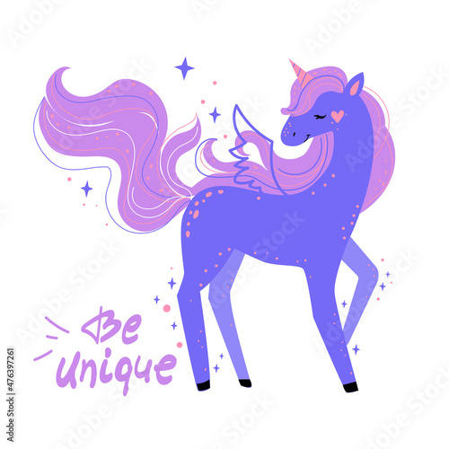 Cute unicorn in boho style and inscription be unique. Vector illustration isolated. Scandinavian