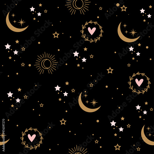 Star and moon in boho style seamless pattern. Vector  illustration. Nursery, greeting card, poster, baby shower
