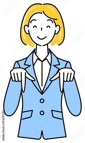 笑顔で下の方向を指で指しているスーツ姿の可愛いい女性 ビジネスパーソン イラスト ベクター