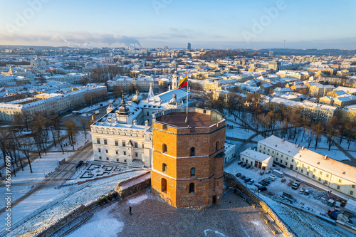 Aerial winter sunny frozen morning view of snowy Vilnius old town, Lithuania