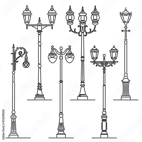 Set of simple vector images of vintage artistic decorative lamppost in art line style.