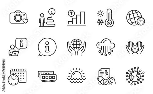 Science icons set. Included icon as Prescription drugs, Photo camera, Cloud storage signs. Safe time, Coronavirus, Ram symbols. Calendar time, Sunset, Organic tested. Graph chart. Vector
