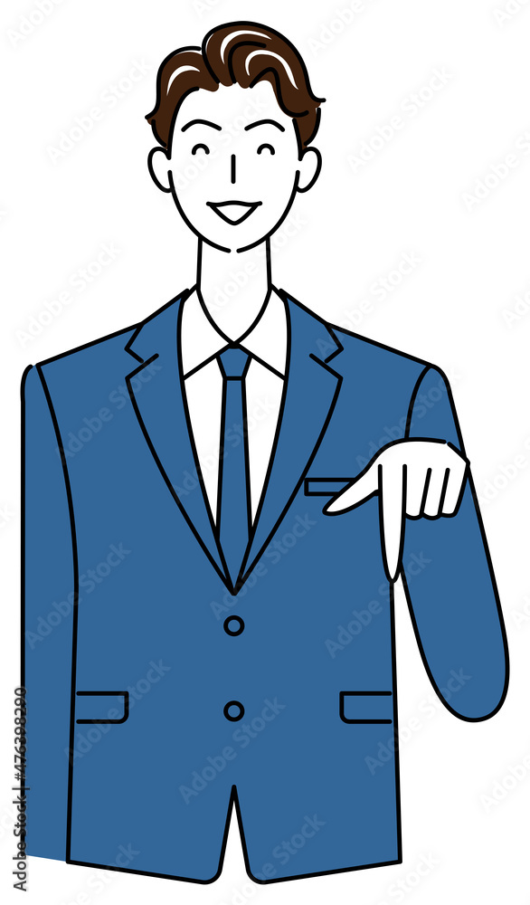 笑顔で下の方向を指で指しているスーツ姿の可愛いい男性 ビジネスパーソン イラスト ベクター 笑顔で下の方向を指で指しているスーツ姿の可愛いい男性 ビジネスパーソン イラスト ベクター