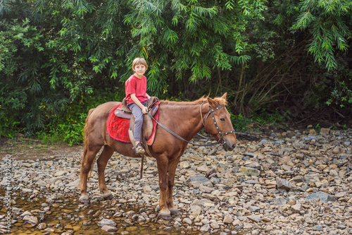 Boy rides a horse in the forest © galitskaya