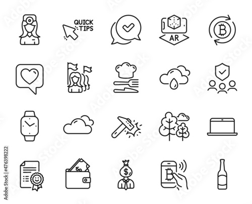 Vector set of Tree, Quick tips and Wallet line icons set. Manager, Laptop and Smile icons. Augmented reality, Rainy weather and Heart signs. Feminism, Food and Smartwatch. Tree web symbol. Vector