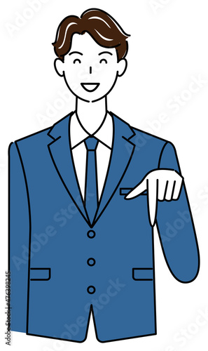 笑顔で下の方向を指で指しているスーツ姿の可愛いい男性 ビジネスパーソン イラスト ベクター
A cute guy in a suit smiling and pointing his finger in the direction below. Business person illustration vector