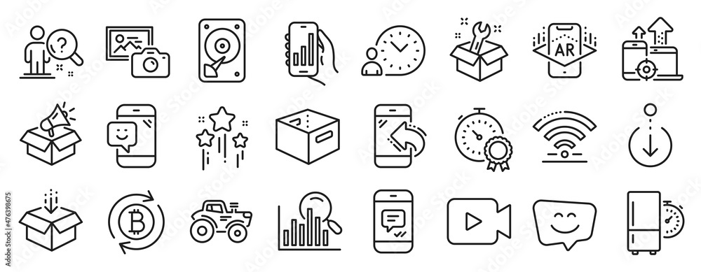 Set of Technology icons, such as Stars, Best result, Incoming call icons. Tractor, Seo devices, Augmented reality signs. Wifi, Office box, Video camera. Smile face, Search, Time management. Vector Set of Technology icons, such as Stars, Best result, Incoming call icons. Tractor, Seo devices, Augmented reality signs. Wifi, Office box, Video camera. Smile face, Search, Time management. Vector
