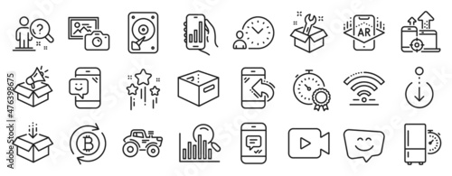Set of Technology icons, such as Stars, Best result, Incoming call icons. Tractor, Seo devices, Augmented reality signs. Wifi, Office box, Video camera. Smile face, Search, Time management. Vector