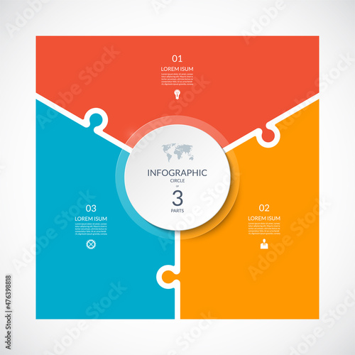 Infographic square template in puzzle style. Vector cycle diagram with 3 parts, options.
