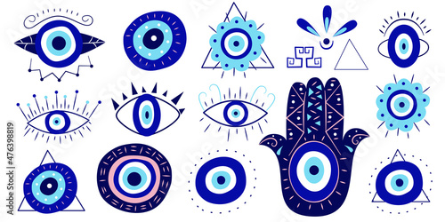 Greek evil eye amulet and hamsa hand in a set. Turkish eye in a pyramid, in a triangle for amulet and protection. Vector illustration in flat style