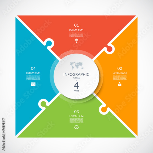 Infographic square template in puzzle style. Vector cycle diagram with 4 parts, options.
