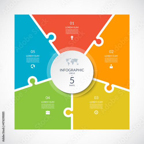 Infographic square template in puzzle style. Vector cycle diagram with 5 parts, options.