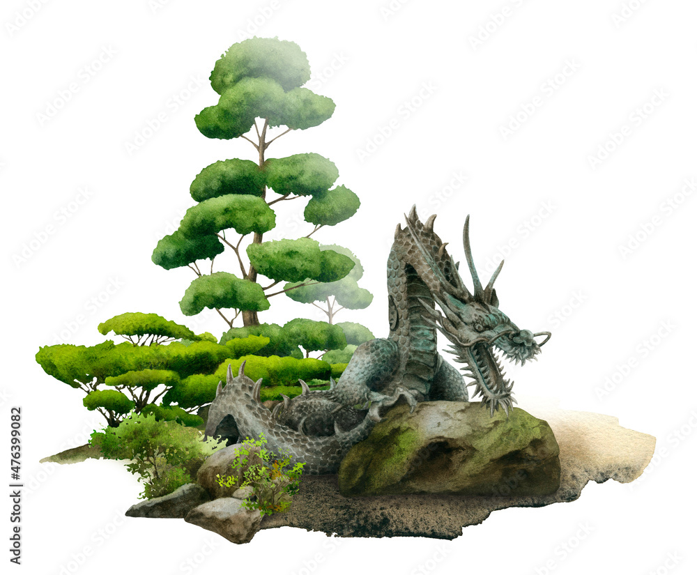 A fantasy picture of a dragon among trees and rocks hand drawn in watercolor isolated on a white background. Watercolor illustration. A fantasy picture of a dragon among trees and rocks hand drawn in watercolor isolated on a white background. Watercolor illustration.
