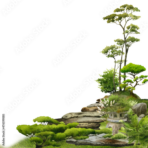 Photography A square frame with a Japanese landscape with stones, trees, bushes, ferns and a garden lantern hand drawn in watercolor isolated on a white background