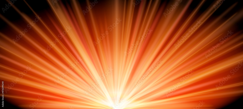 Fototapeta premium set of realistic orange rays rising isolated or red magic sunlight light effect on black background. eps vector