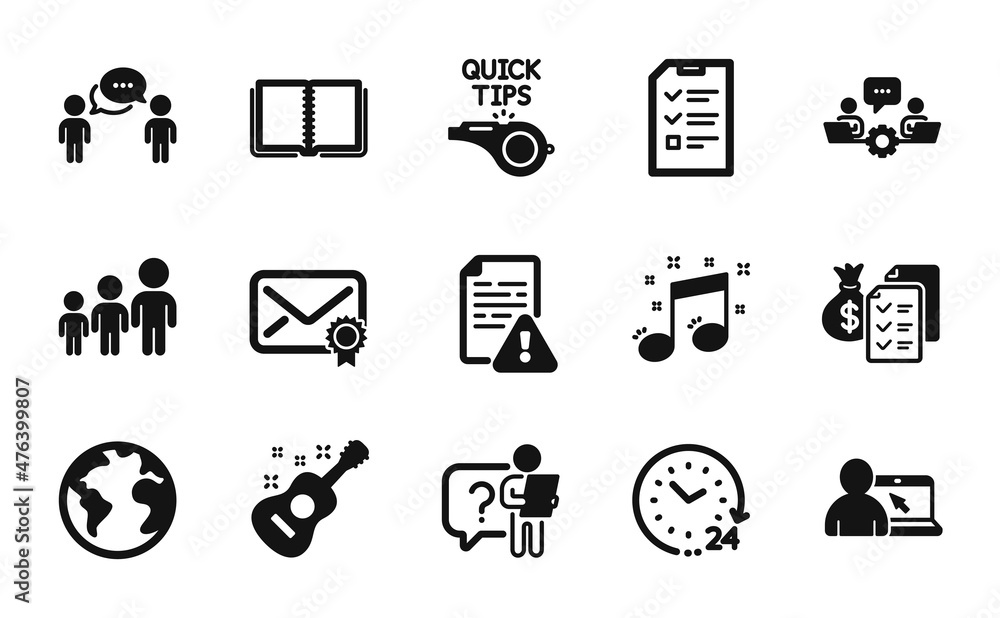 Vector set of Business hierarchy, Search employee and Guitar icons simple set. Book, World planet and Consulting business icons. Verified mail, Interview and Online education signs. Vector