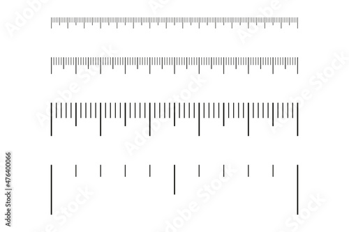 Ruler scale set, meter tape with measure line. Different type length units of measurement. Vector illustration