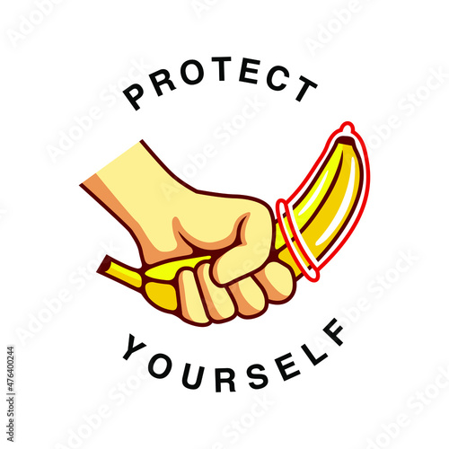Cartoon Hand Grab A Banana With Condom Vector Illustration - Vector