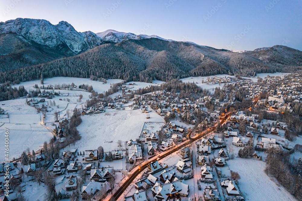 Aerial Drone View at Zakopane, Poland and Giewont in Winter at Sunrise Aerial Drone View at Zakopane, Poland and Giewont in Winter at Sunrise