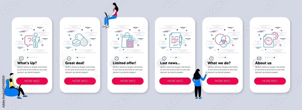 Set of Business icons, such as Medical drugs, Euler diagram, Agreement document icons. UI phone app screens with teamwork. Shopping bags, Search employee, Project deadline line symbols. Vector