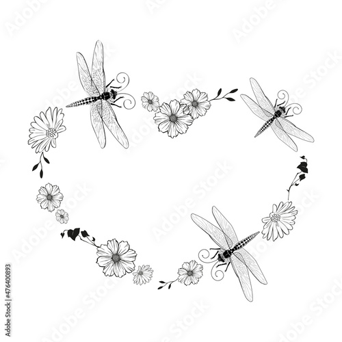 Vector illustration of dragonflies and flowers. Graphic print on clothes .