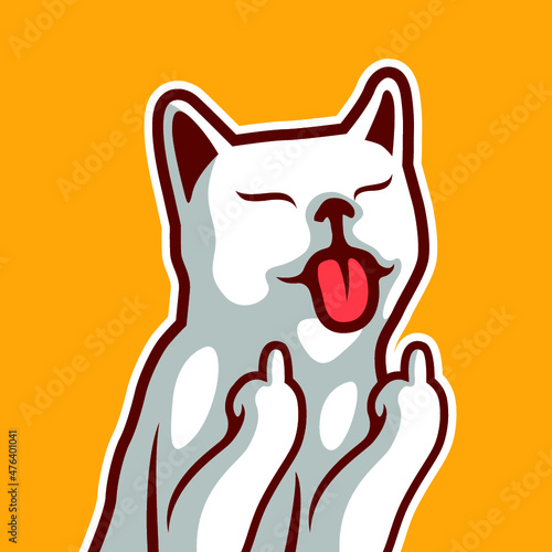 Tongue Out Cute White Cat. Mocking Kitten Make A Middle Finger Symbol - Vector
