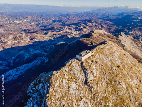 Petar II Petrovic-Njegos mausoleum on the top of mount Lovchen in Montenegro. Aerial view, drone photo