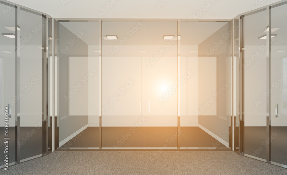 Fototapeta premium Blank office interior. Mockup. 3D rendering.. Sunset.. Sunset.