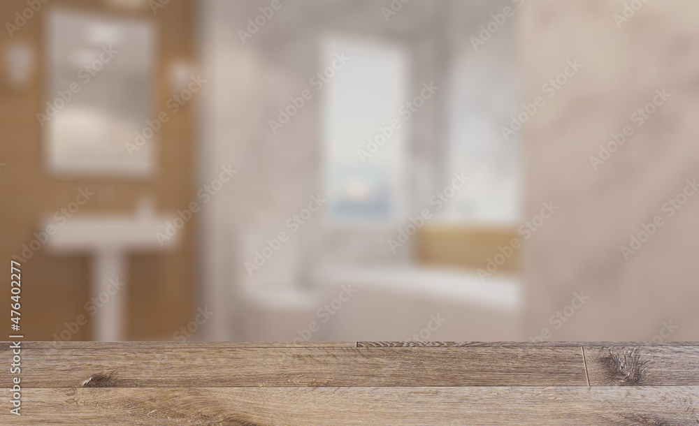 Background with empty table. Flooring. Clean and fresh bathroom with natural light. 3D rendering. Background with empty table. Flooring. Clean and fresh bathroom with natural light. 3D rendering.