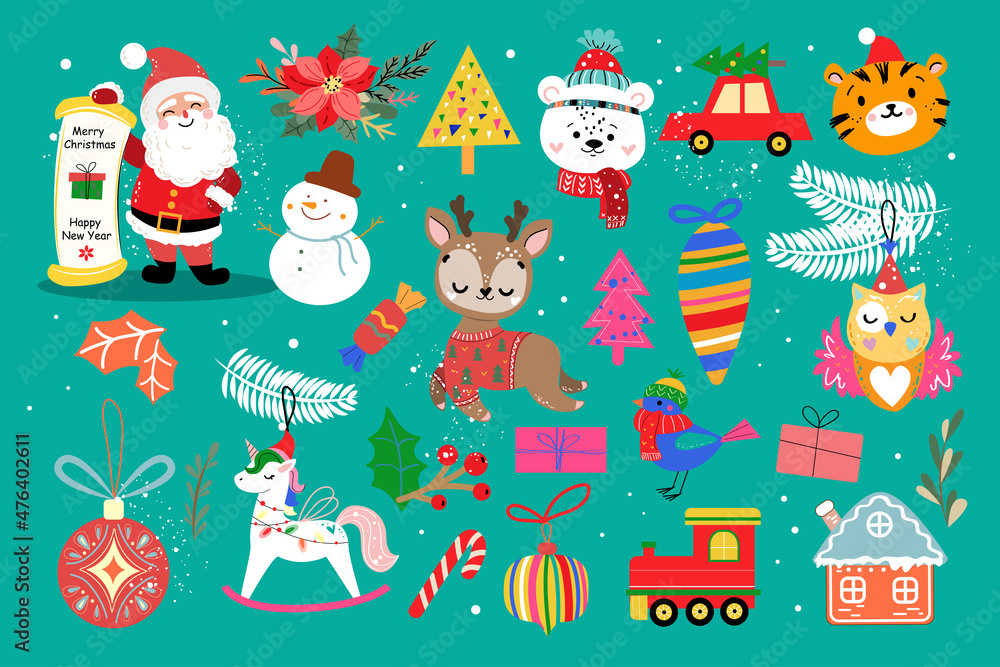 New year set with santa claus, deer, christmas decorations. Vector illustration vintage style New year set with santa claus, deer, christmas decorations. Vector illustration vintage style