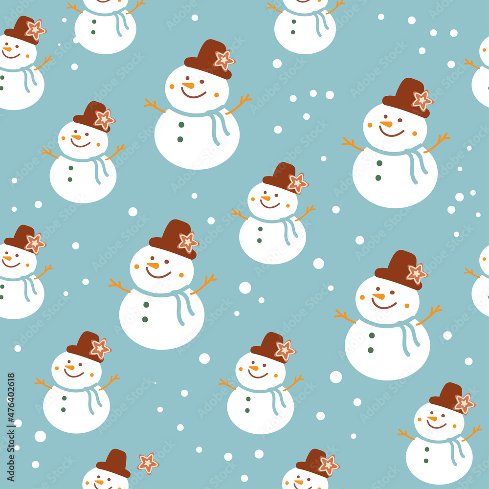Snowman seamless pattern on a blue background. Vector illustration for the new year
