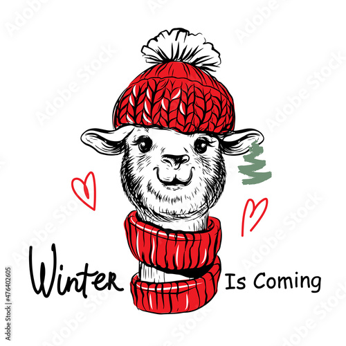 Hand drawn sketch illustration with Funny new year llama. Winter concept, christmas card on a white background