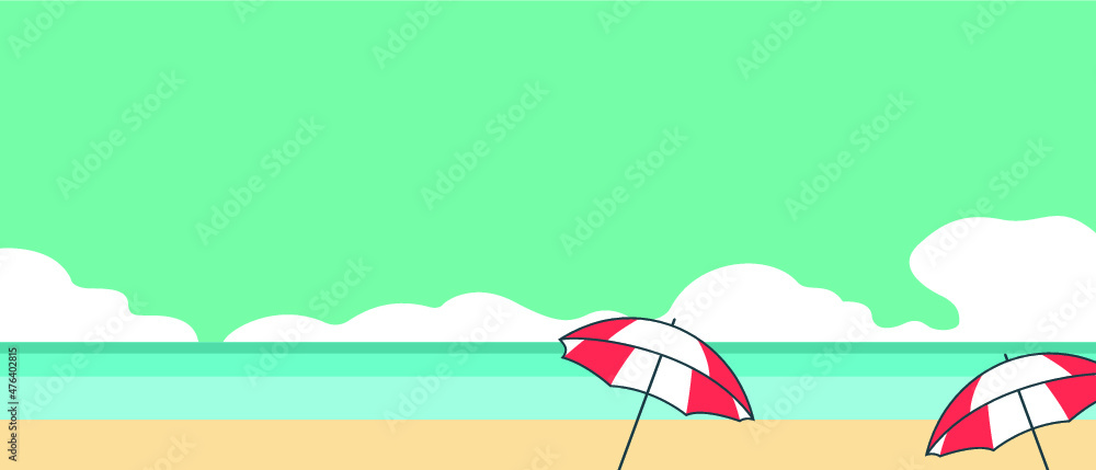 Vector Beach Horizontal panorama view summer cartoon seascape, landscape, sea, ocean, beach, clouds illustration. Simple nature background template - Vector