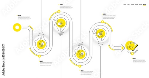 Business Infographic timeline with 4 steps. Lightbulb journey path infographics. Workflow process diagram with Data Analysis, Idea bulb, Working employee and Goal target line icons. Vector