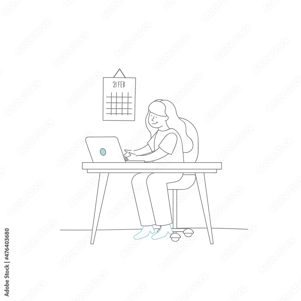 Work at home concept design. Freelance woman working on laptop at her house, dressed in home clothes. Line drawing illustrationon white background. Online study, education.