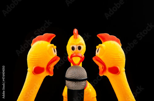 image of microphone rubber chicken dark background