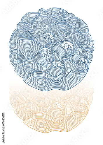 hand drawn illustration waves in round form	