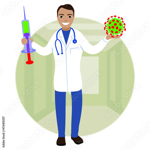 Smiling doctor virologist with covid vaccine in syringe.
